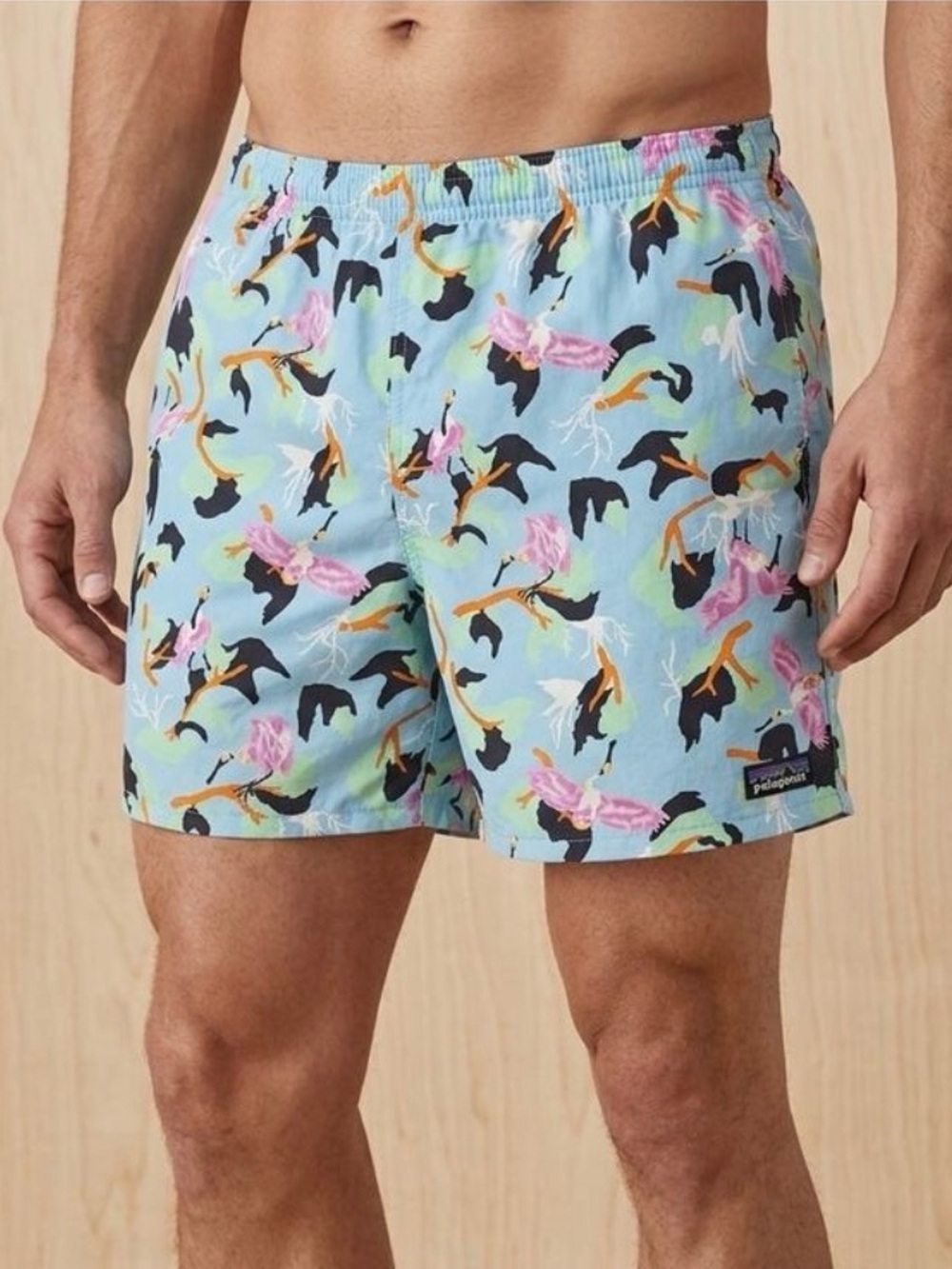 Patagonia Baggies Men’s Swim Shorts Blue Green Spoonbill Bird Print Lined Large